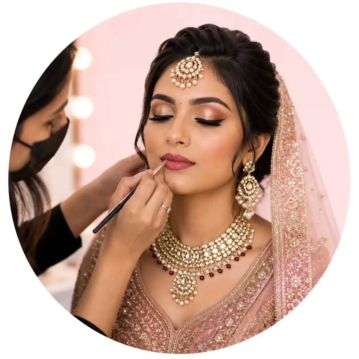 Makeup artist applying lip colour during a party makeup session