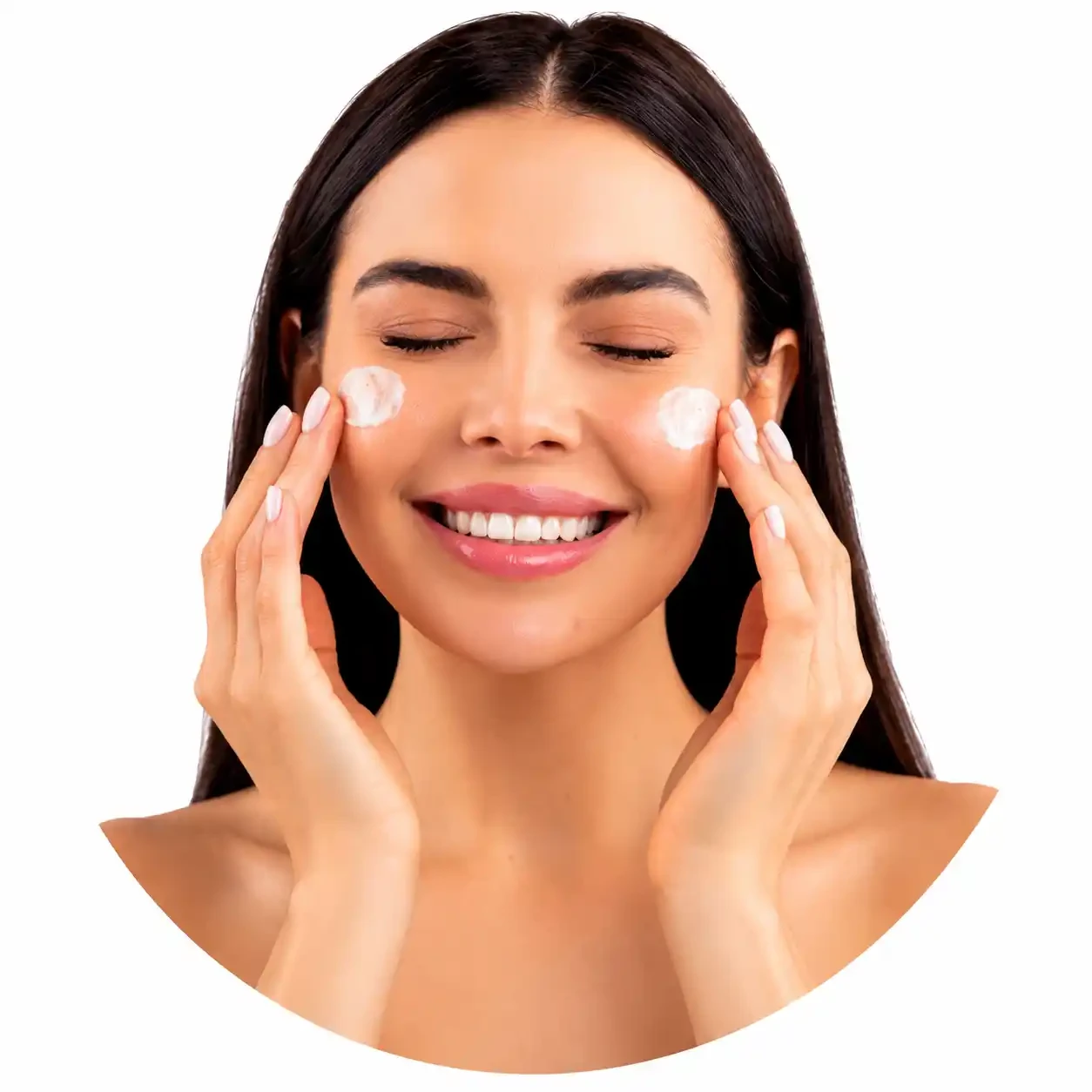 Beautician de tan and bleach facial cream into a client’s face and neck