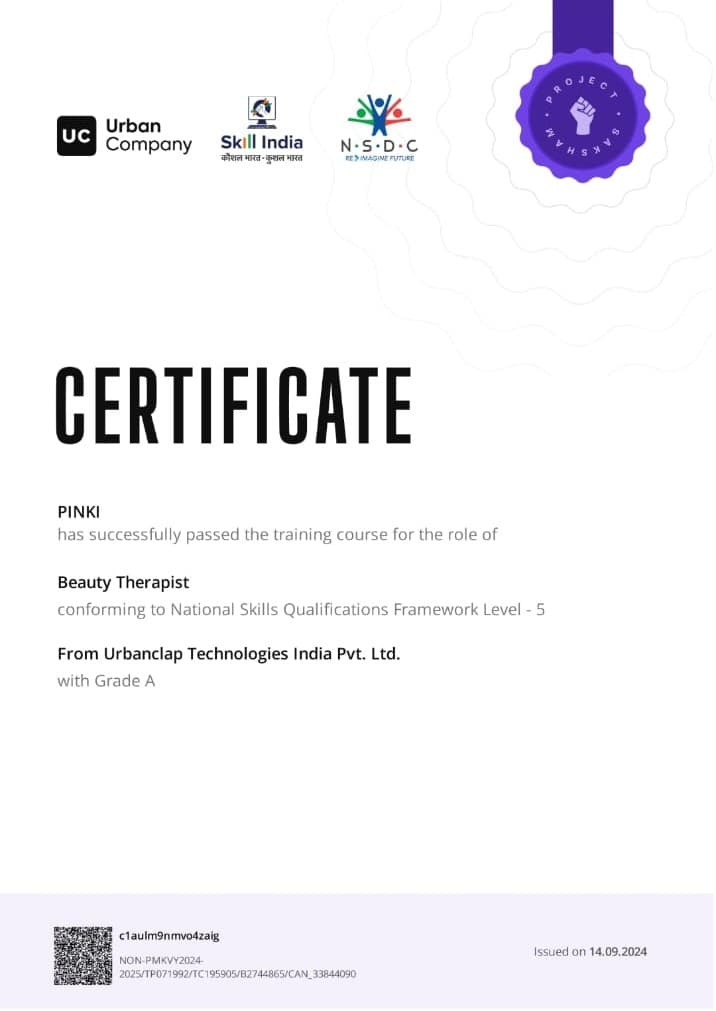 Beauty Therapist certificate at National Skills Qualifications Framework Level 5, Grade A, issued September 2024